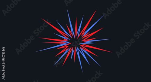 Abstract explosion of red and blue sharp rays emanating from the center against a dark background