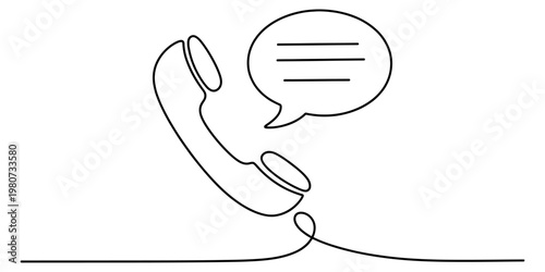 A single continuous line drawing of a telephone receiver paired with a speech bubble icon for us Vector, illustration