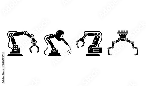 Industrial robot arm silhouettes set with gripper welder and robotic hand designs isolated on white background vector