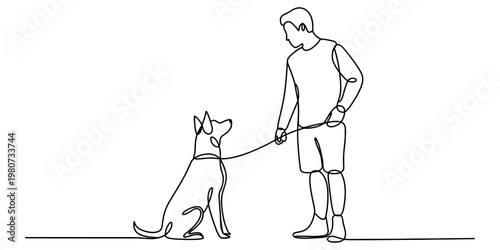 A single continuous line drawing of a man standing with his loyal dog on a leash in profile view. Vector, illustration