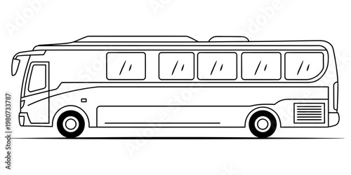 A simple black and white line drawing of a large passenger bus seen from a side profile view Vector, illustration