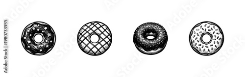 Assorted Glazed Donuts and Sweet Pastry Treats with Hand-Drawn Painterly Textures and Inky Brush Strokes.