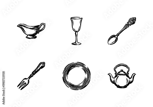 Antique Silver Cutlery and Vintage Tableware Essentials with Hand-Drawn Ink Brush Strokes and Ornate Decorative Details