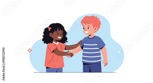 Diverse young boy and girl shaking hands and smiling at each other in front of a light blue abstract background representing friendship and unity.