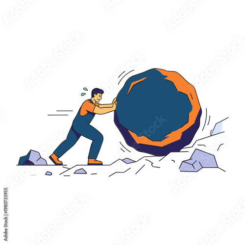 A man pushes a large boulder uphill with effort and determination on a rocky terrain.