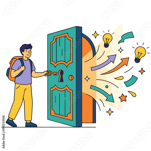 Man opening a door with ideas and lightbulbs coming out