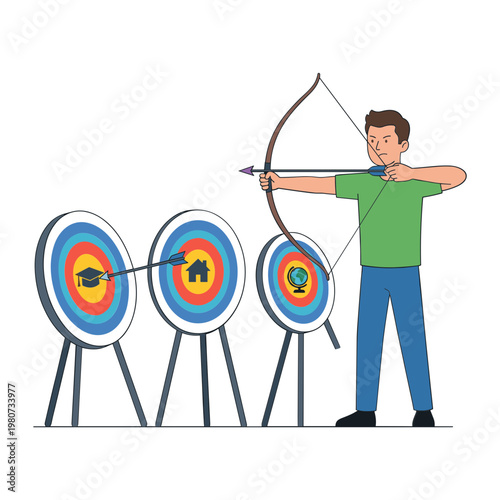 Man aiming bow and arrow at multiple targets in a shooting range