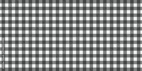 Black and white gingham checkered pattern background, classic seamless table cloth texture, vector geometric plaid fabric design for kitchen, picnic, and fashion backdrop.
