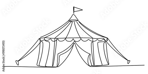 A simple black and white line drawing of a classic circus tent with a flag on the very top peak Vector, illustration
