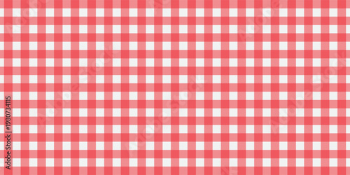 Red and white gingham checkered pattern background, classic seamless table cloth texture, vector geometric plaid fabric design for kitchen, picnic, and fashion backdrop.