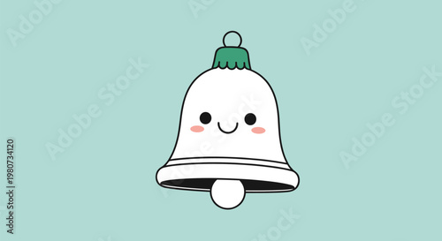 Sweet cartoon character of a white Christmas bell with a happy smiling face and pink cheeks isolated on a light blue background for holiday joy.