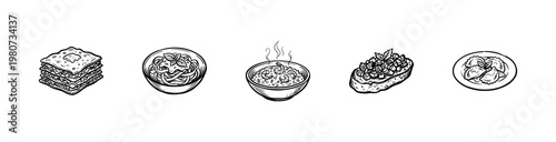 Italian Cuisine and Mediterranean Food Dishes with Hand-Drawn Inky Brushwork and Organic Painterly Textures