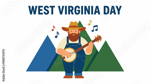 Celebrate West Virginia Day with a lively banjo player amidst scenic mountain views and musical notes