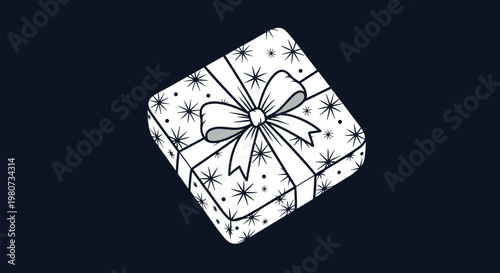 Stylishly wrapped gift box with a large white bow and decorative star patterns isolated on a dark blue background for birthday or holiday gifts.