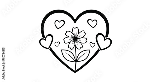 Romantic black and white line art of a large heart containing a flower and surrounded by smaller hearts for love themes or children coloring.