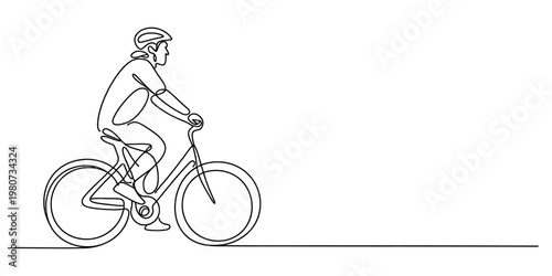 A single continuous line drawing of a person wearing a helmet riding a bicycle on a simple path Vector, illustration