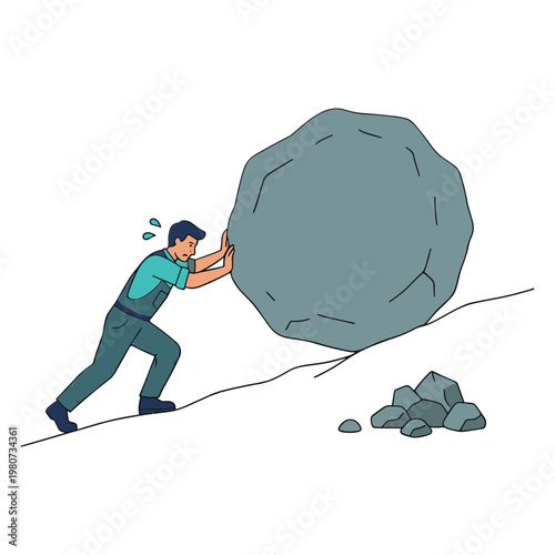 Man pushes a large boulder up a steep hill with effort.