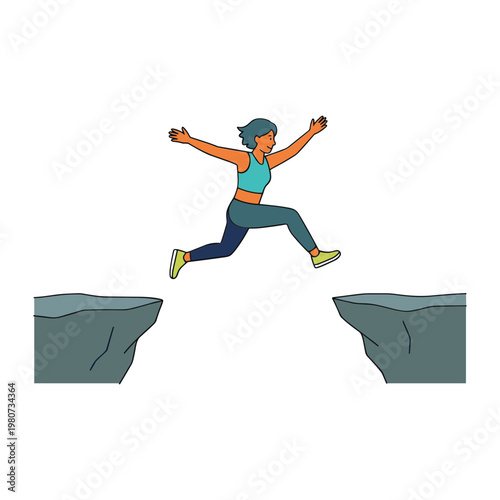 Woman jumping over a cliff with arms outstretched in excitement and freedom outdoors