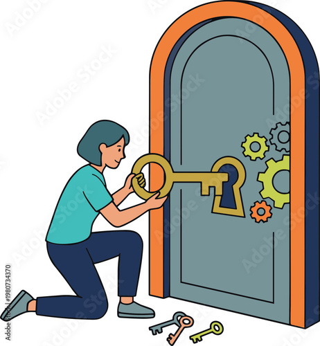 A woman kneels down to insert a large key into a door with gears