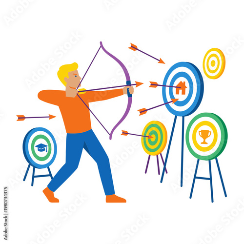 Man practices archery with multiple targets and arrows in a recreational setting outdoors