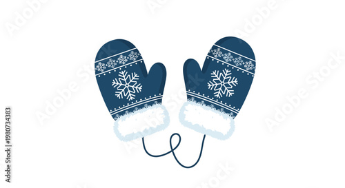 Pair of cozy blue winter mittens with white snowflake patterns and fluffy trim connected by a long dark string for cold weather and snowy days.