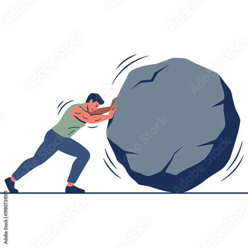 Man pushing large boulder uphill in a physical struggle outdoors