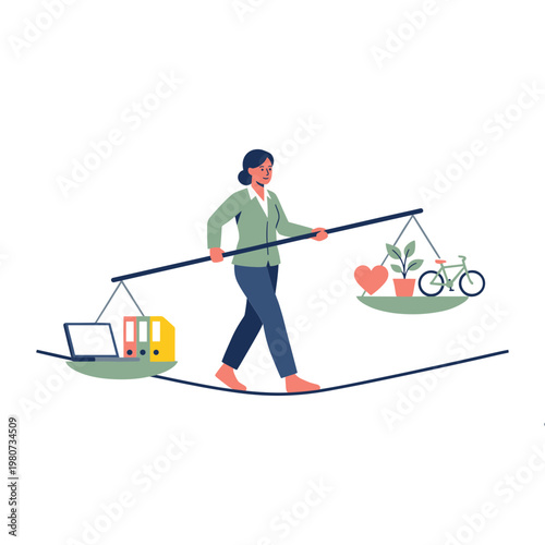 A woman balances work and personal life on a seesaw with a laptop and a heart.