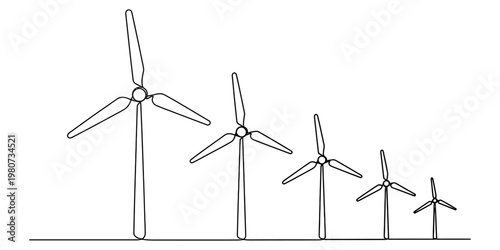A simple line drawing showing five wind turbines arranged by size from largest to smallest here Vector, illustration