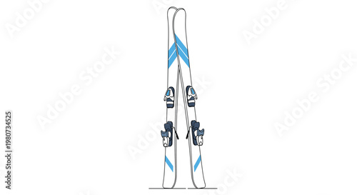 Illustration of a pair of downhill skis with blue accents and black bindings standing upright against a white background.