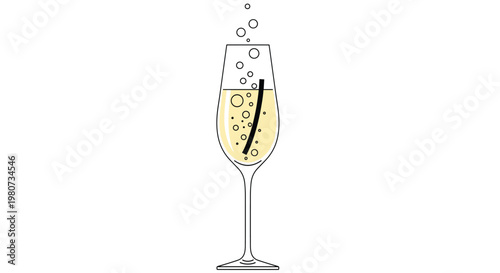 Elegant illustration of a tall champagne flute filled with sparkling wine and bubbles featuring a single black straw.
