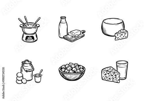 Dairy Products and Farm Fresh Milk Collection with Hand-Drawn Inky Brush Strokes and Organic Painterly Textures in Calligraphic Style