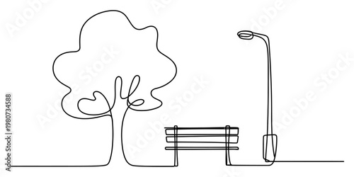 A minimalist single line drawing of a park scene featuring a tree a bench and a street lamp post Vector, illustration