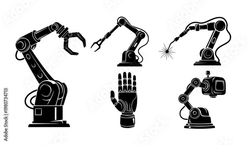 Industrial robotics icon collection with robotic arm gripper welding machine and robotic hand in grid layout vector