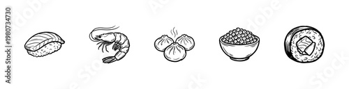 Japanese Cuisine and Seafood Gastronomy with Hand-Drawn Inky Brushwork and Organic Calligraphic Textures