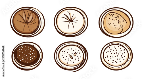Stylized top-down view of six round dishes with various contents in beige, white, & brown