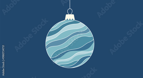 Round Christmas ornament decorated with multiple shades of blue wavy patterns hanging against a solid dark blue background.