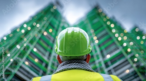 Engineer wearing green helmet and yellow jacket looks up at green construction scaffolding with bright lights on cloudy day
