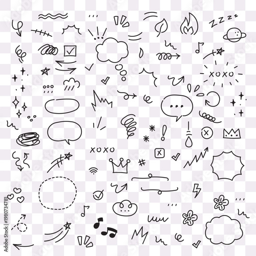 Hand Drawn Doodle Elements Vector Set — Sketch Icons Collection with Speech Bubbles, Arrows, Stars, Crowns, Lightning, Hearts, Music Notes and Decorative Frames on Transparent Background