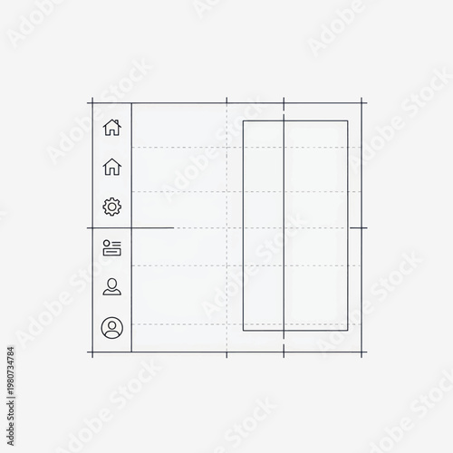 Architectural blueprint grid layout with left edge icons and a central rectangular room outline.