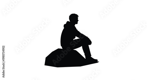 A solitary silhouette of a man sits pensively on a large rock formation