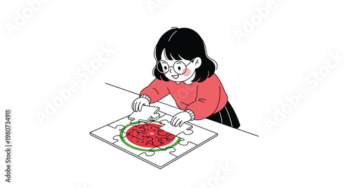 Illustration of a girl with glasses and a red sweater sitting at a table and assembling a jigsaw puzzle of a watermelon.