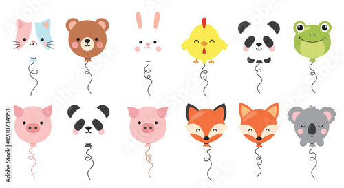 Colorful collection of balloons shaped like various animal heads including a cat, bear, rabbit, panda, fox, and frog.