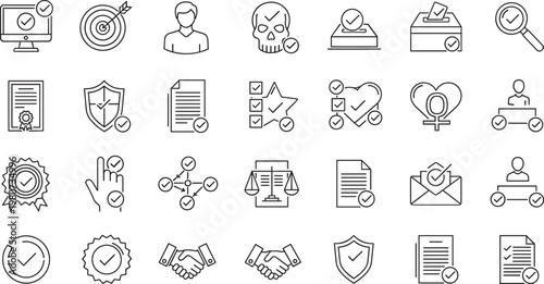Quality assurance outline icons set with checklist approval verification compliance audit security certification vector line collection