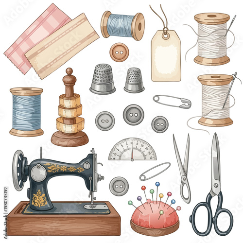 Vintage Sewing Kit with Spools Needles and Accessories for Crafting and Textile Projects