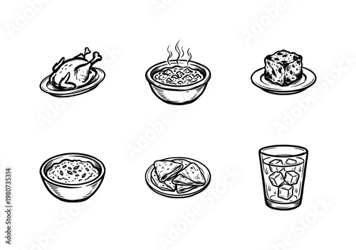 Indian Cuisine and Traditional Food Elements with Hand-Drawn Inky Brushwork and Organic Painterly Textures