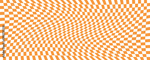 Psychedelic Orange and White Warped Checkerboard Background. Y2K Psychedelic Warped Orange Checkerboard