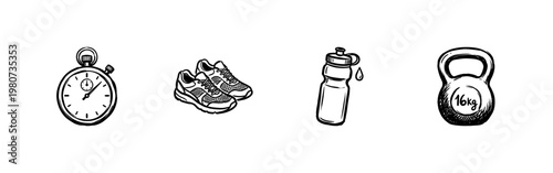 Fitness and Gym Workout Equipment Elements with Hand-Drawn Inky Brush Strokes and Organic Fluid Outlines