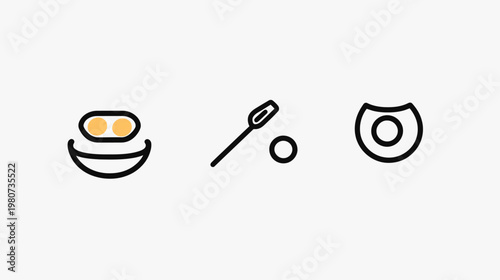 Minimalist icons of food ingredients, pan with eggs, spoon, and halved fruit