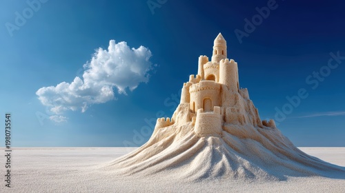 Sandcastle designed like pirate fortress on sandy beach under bright blue sky with single fluffy white cloud, peaceful and creative