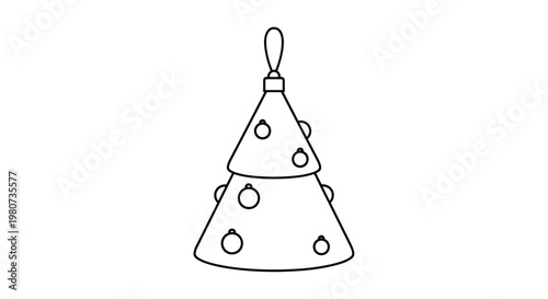 Simple conical Christmas tree icon with basic ornaments and a hanging loop for modern festive graphic design projects.